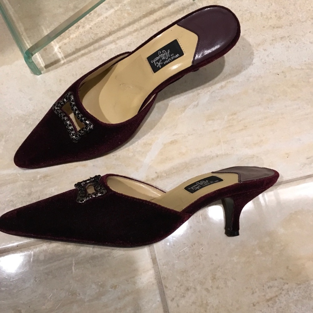Jeweled slip on mule Burgundy velvet kitten heel